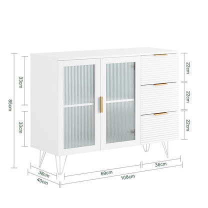 Keukenkastje – Keukenbuffet – Keukenmeubel – Opbergkast – Onderkast – 3 Laden – 2 Glazen Deuren – MDF Wit – Compact 108x85x40 cm