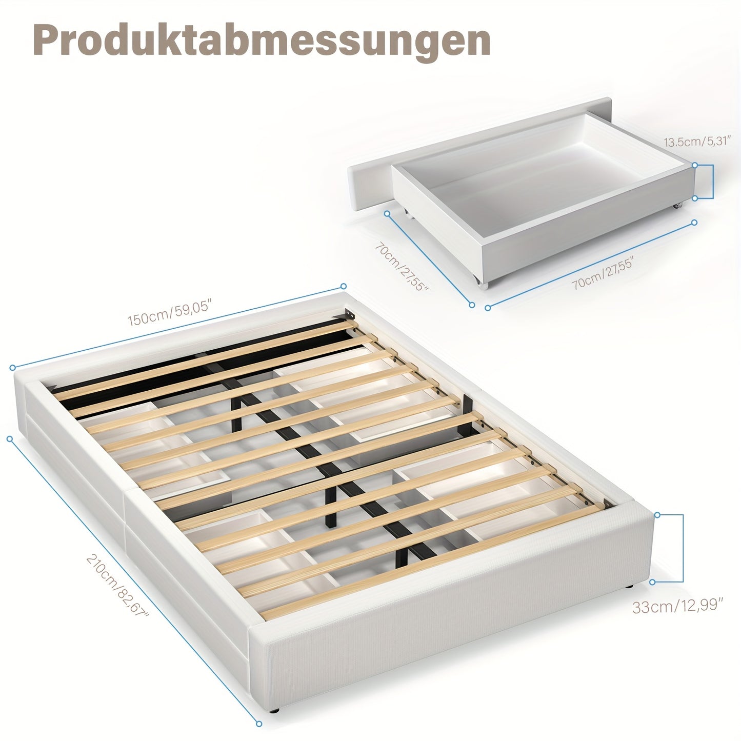 Bedframe met Opbergruimte – Tweepersoonsbed – Gestoffeerd Bed – Opbergbed – Platformbed – 140x200 cm – Stevig Metaal en MDF – 4 Ruime Lades - Wit