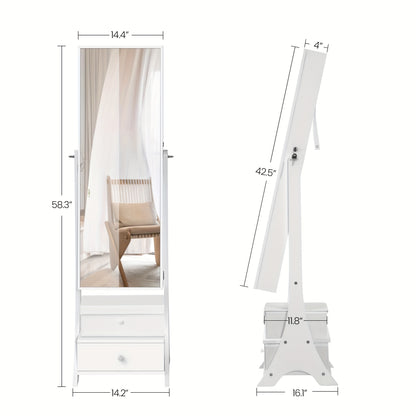 Sieradekastje – Sieradenkast – Jewelry Organizer – Sieradenopberger – Sieradenrek – Vrijstaand – Wit met Zwarte Velvet Voering – Grote Frameloze Spiegel – 90 Vakjes en Slot