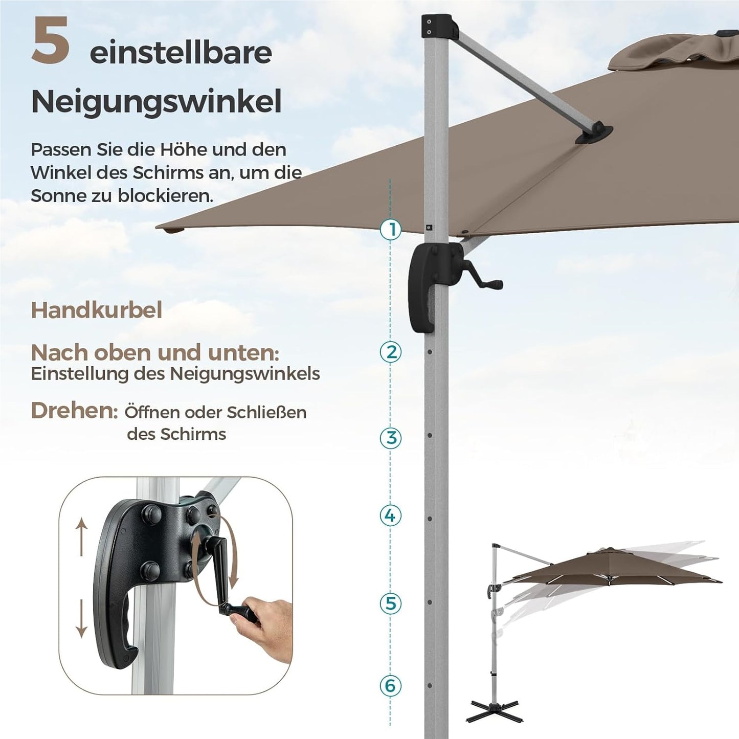 Zonnescherm – Parasol – Tuinparasol – Terrasparasol – Balkonparasol – Ø 330 cm – UPF 50+ – 360° Draaibaar met Kantelfunctie – Bruin