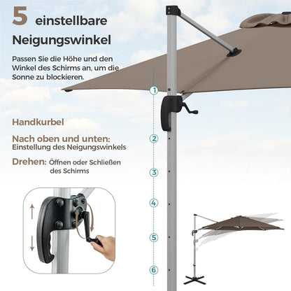 Zonnescherm – Parasol – Tuinparasol – Terrasparasol – Balkonparasol – Ø 330 cm – UPF 50+ – 360° Draaibaar met Kantelfunctie – Bruin