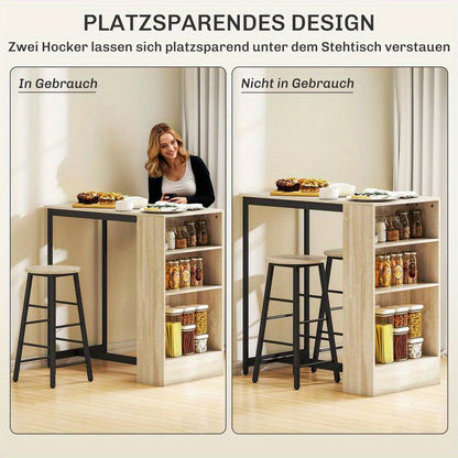 3-in-1 Bartafel Set – Bar Tafel – Bar Meubel – Horeca Tafel – Opbergrek Tafel – Compact Ontwerp – Massief Hout & Metalen Frame