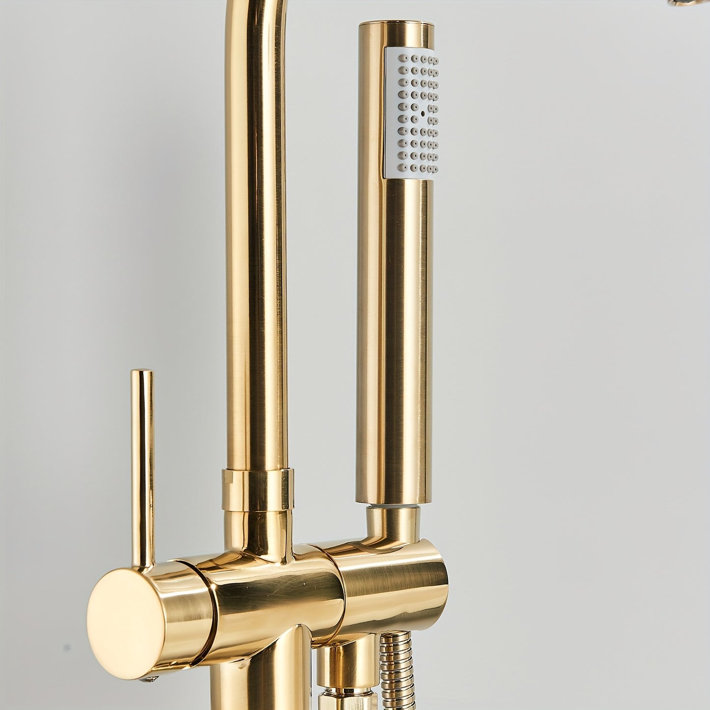 Vrijstaande Badkraan – Vloerkraan – Badmengkraan – Vloermontage Kraan – Staande Mengkraan – Geborsteld Goud – 118 cm Hoog – Keramische Valve