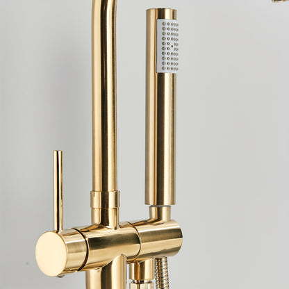 Vrijstaande Badkraan – Vloerkraan – Badmengkraan – Vloermontage Kraan – Staande Mengkraan – Geborsteld Goud – 118 cm Hoog – Keramische Valve