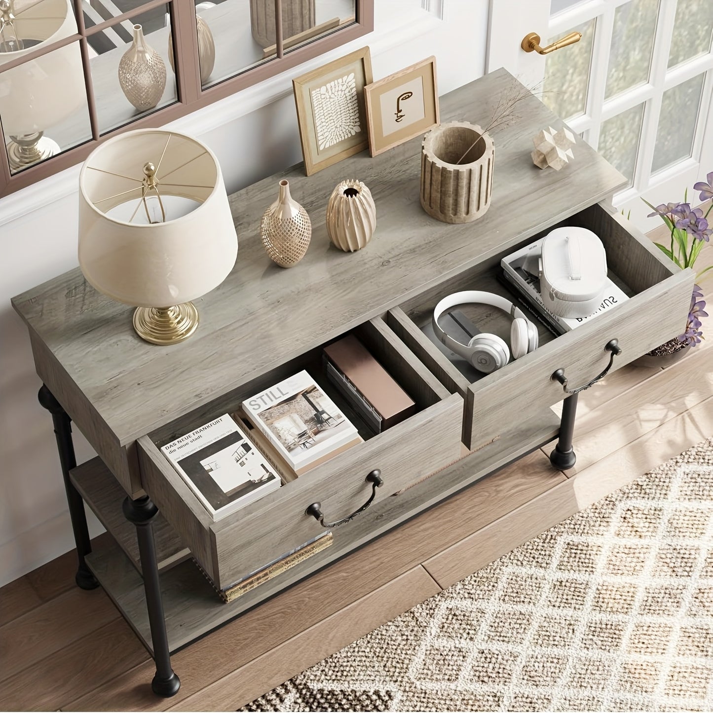 Sidetable – Wandtafel – Haltafel – Console Tafel – Bijzettafel – Smal Rustiek Grijs – Metaal Frame – 69 cm Hoogte