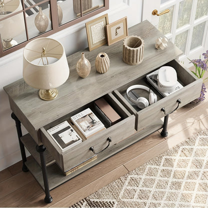 Sidetable – Wandtafel – Haltafel – Console Tafel – Bijzettafel – Smal Rustiek Grijs – Metaal Frame – 69 cm Hoogte