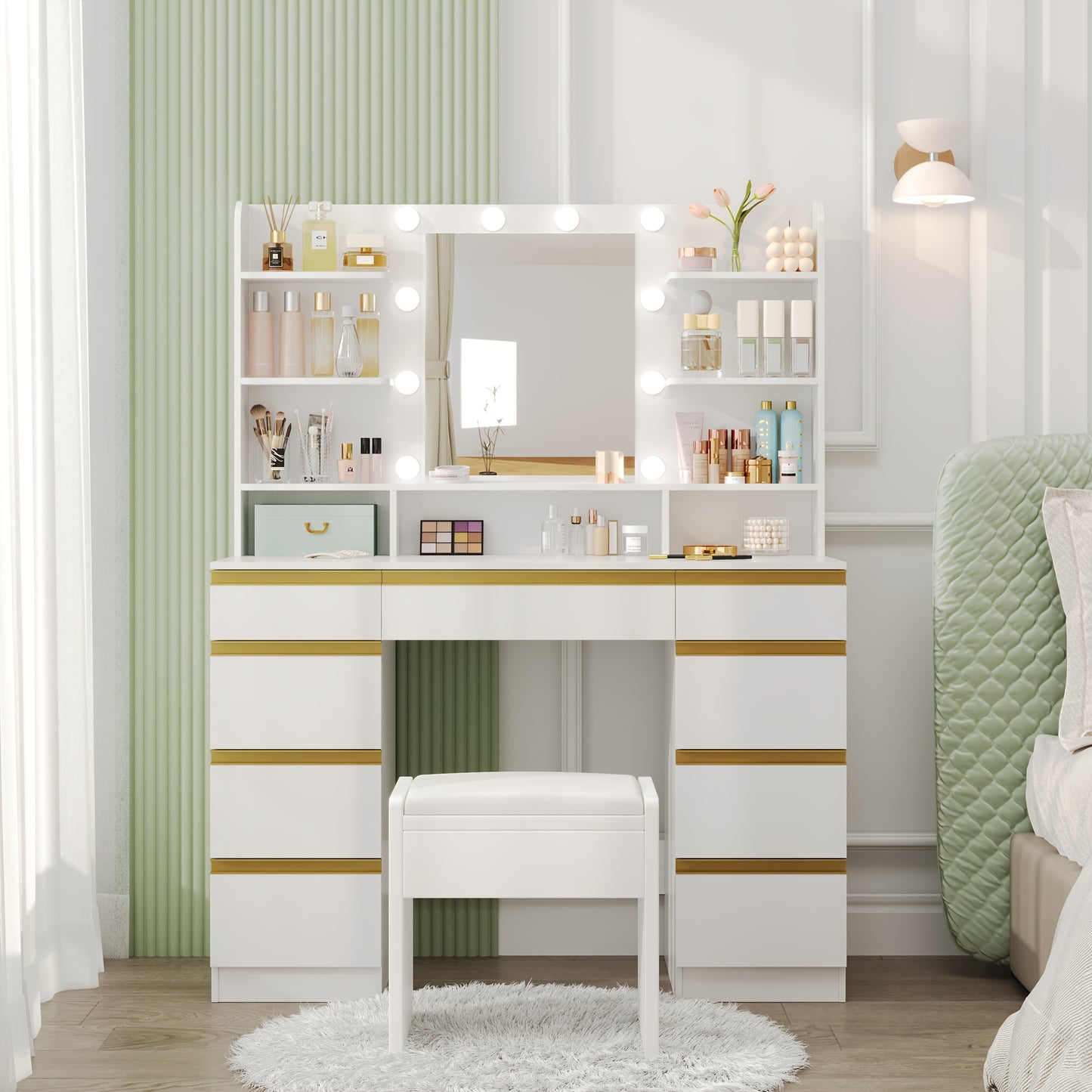 Kaptafel – Make-up Tafel – Cosmetica Tafel – Schoonheidstafel – Dressing Table – 10 LED Lampen Met 3 Lichtkleuren – 9 Laden Wit Goud