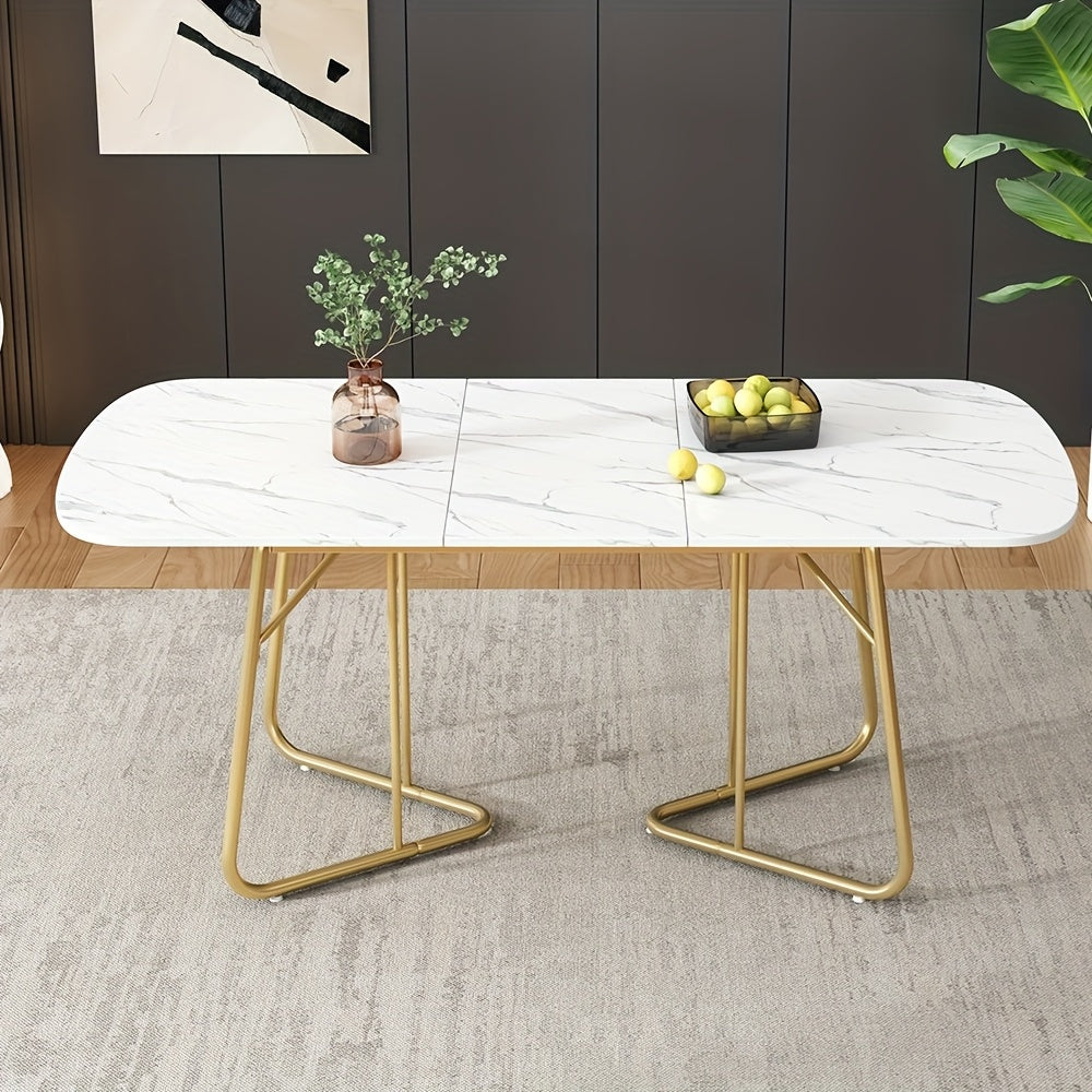 Uitklapbare Eettafel – Uitschuifbare Tafel – Inklapbare Eettafel – Klaptafel – Verlengbare Eettafel – Wit Marmerlook – Goudkleurige Metalen Poot – Geschikt Voor 4-6 Personen