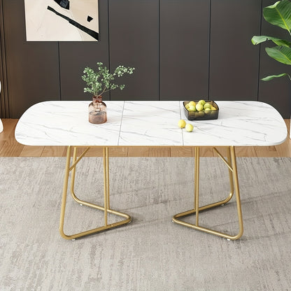 Uitklapbare Eettafel – Uitschuifbare Tafel – Inklapbare Eettafel – Klaptafel – Verlengbare Eettafel – Wit Marmerlook – Goudkleurige Metalen Poot – Geschikt Voor 4-6 Personen