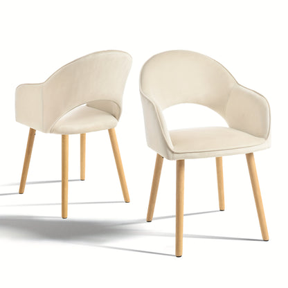 Eetkamerstoel – Stoel – Armstoel – Designstoel – Zithoekstoel – Set Van 2 Beige Fleece – Halfmaan Rugleuning – Stevige Houten Poten