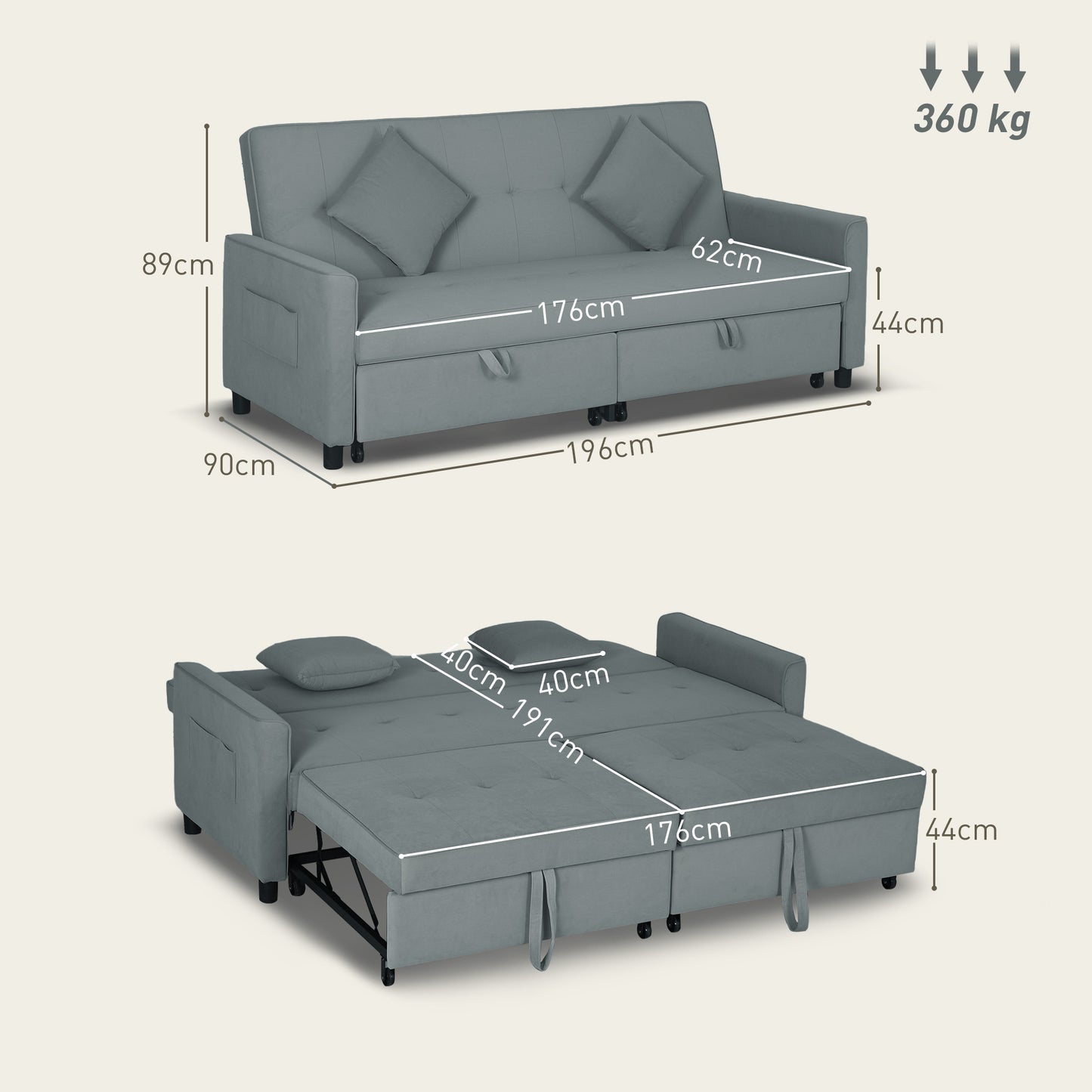 Slaapbank – Bedbank – Bankbed – Logeerbed – Sofa – 3-zits – Velours Bekleding – Verstelbare Rugleuning