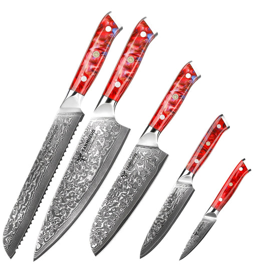 Koksmes – Keukenmes – Kokermes – Santokumes – Officemes – 5-delige Messenset – VG10 Damascus Staal – Resin Handvat Rood