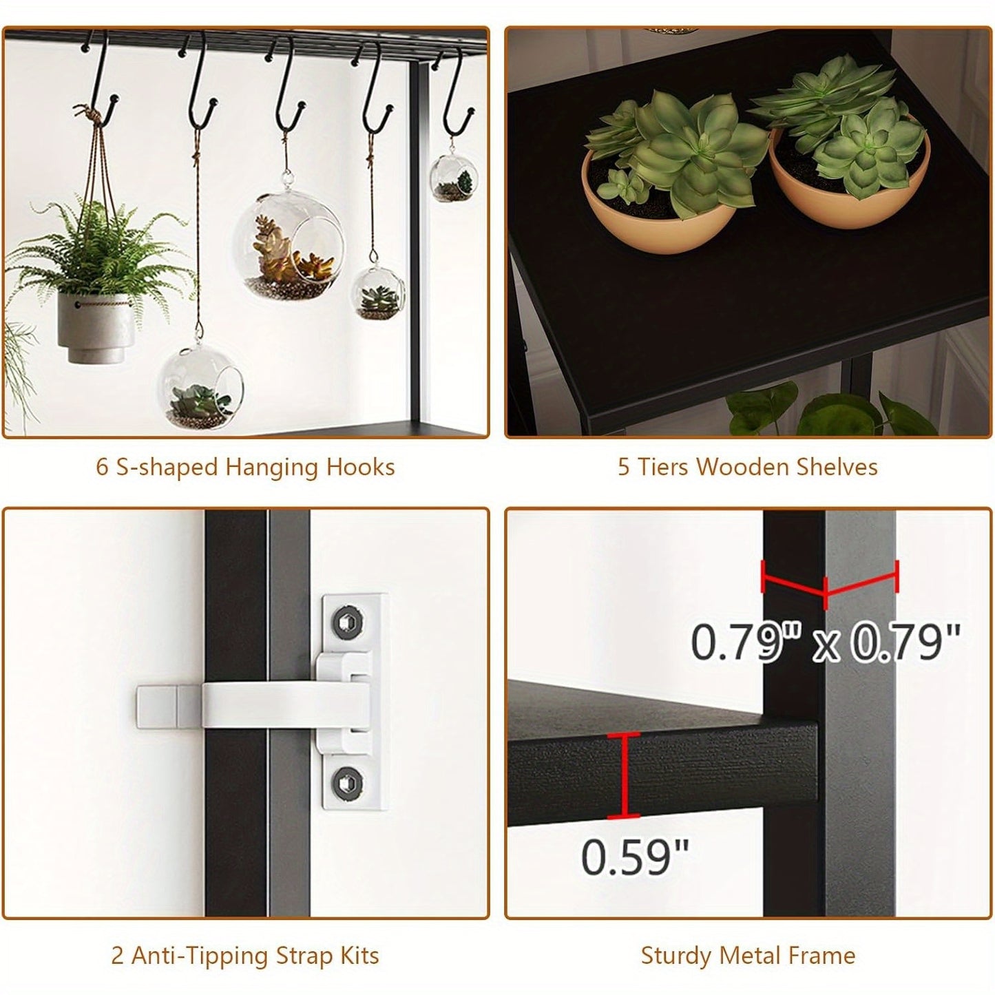 Plantenrek – Plantenstandaard – Bloemenrek – Plantenhouder – Groene Wand – 5-Lagen Met 6 Haakjes – Robuust Metalen Frame Met Houten Planken – 180 cm Hoog Met Stabiele Voet