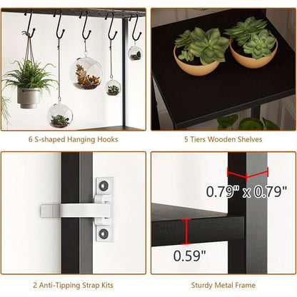 Plantenrek – Plantenstandaard – Bloemenrek – Plantenhouder – Groene Wand – 5-Lagen Met 6 Haakjes – Robuust Metalen Frame Met Houten Planken – 180 cm Hoog Met Stabiele Voet
