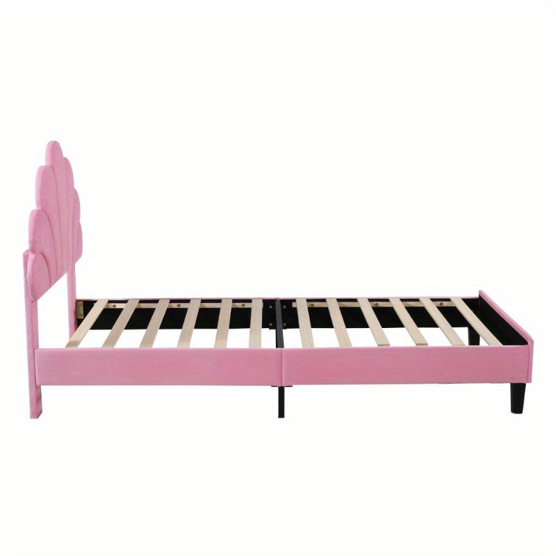 Meisjesbed 90x200 cm – Jongensbed – Kinderbed – Teenbed – Logeerbed – Roze Fluweel Gevoerd – Bloemvormige Rugleuning – Lattenbodem
