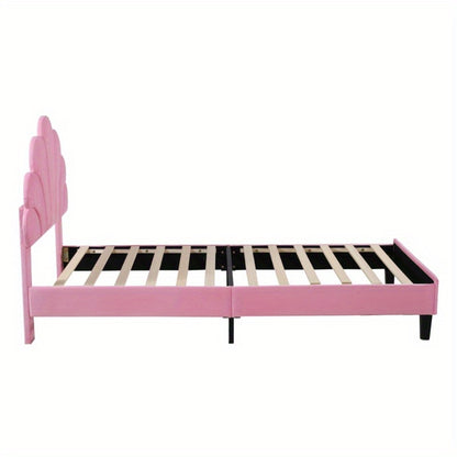 Meisjesbed 90x200 cm – Jongensbed – Kinderbed – Teenbed – Logeerbed – Roze Fluweel Gevoerd – Bloemvormige Rugleuning – Lattenbodem