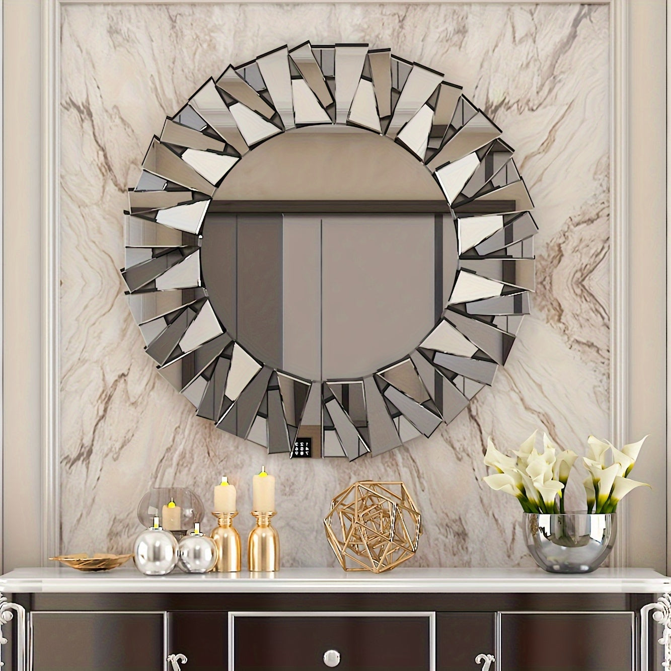 1pc Modern Sunburst Wall Mirror, 80cm Large Round HD Glass Decorative Mirror with Wood Frame, Polished Finish for Living Room, Bedroom, Bathroom - Horizontal Orientation, No Electricity Needed