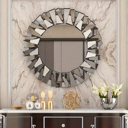 1pc Modern Sunburst Wall Mirror, 80cm Large Round HD Glass Decorative Mirror with Wood Frame, Polished Finish for Living Room, Bedroom, Bathroom - Horizontal Orientation, No Electricity Needed