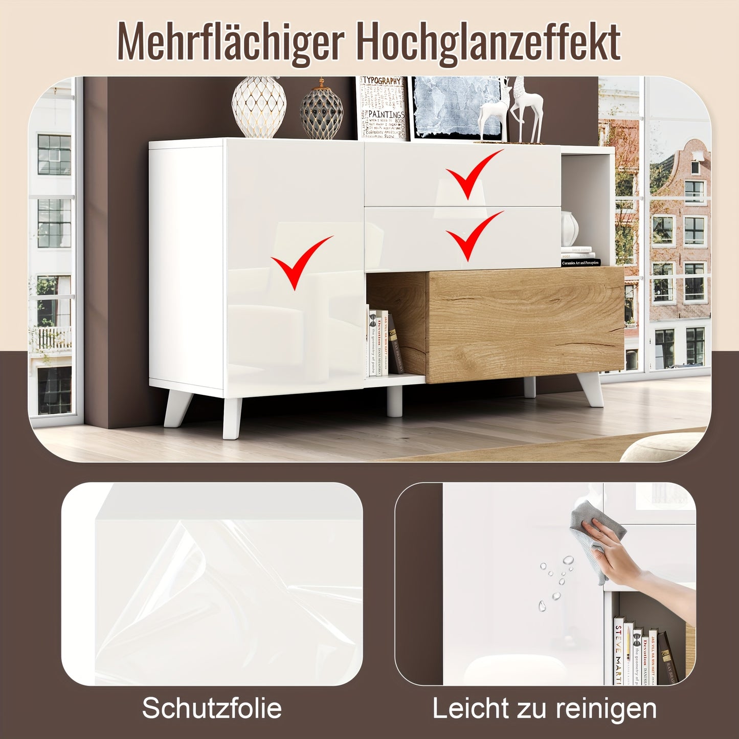 Storage Cabinet, Storage Cabinet, Large Storage Space High Gloss White Log Colour Sideboard, Modern Living Room Cabinet, 130*40*70Cm