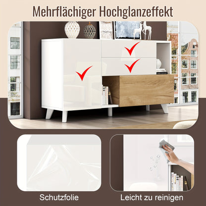 Storage Cabinet, Storage Cabinet, Large Storage Space High Gloss White Log Colour Sideboard, Modern Living Room Cabinet, 130*40*70Cm