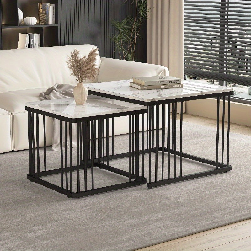 Koffietafel Set – Salontafel – Bijzettafel – Lounge Tafel – Woonkamertafel – Hoogglans Marmerlook – Verstelbare Pootjes – Metaal – 2-delig – 60x60x45 & 45x45x40 cm