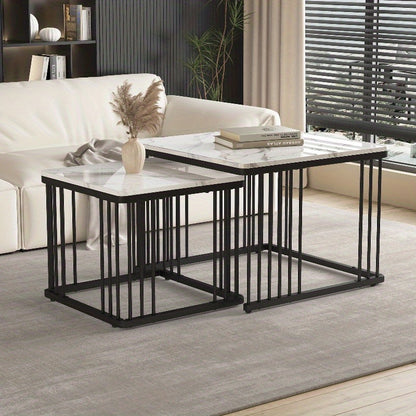 Koffietafel Set – Salontafel – Bijzettafel – Lounge Tafel – Woonkamertafel – Hoogglans Marmerlook – Verstelbare Pootjes – Metaal – 2-delig – 60x60x45 & 45x45x40 cm