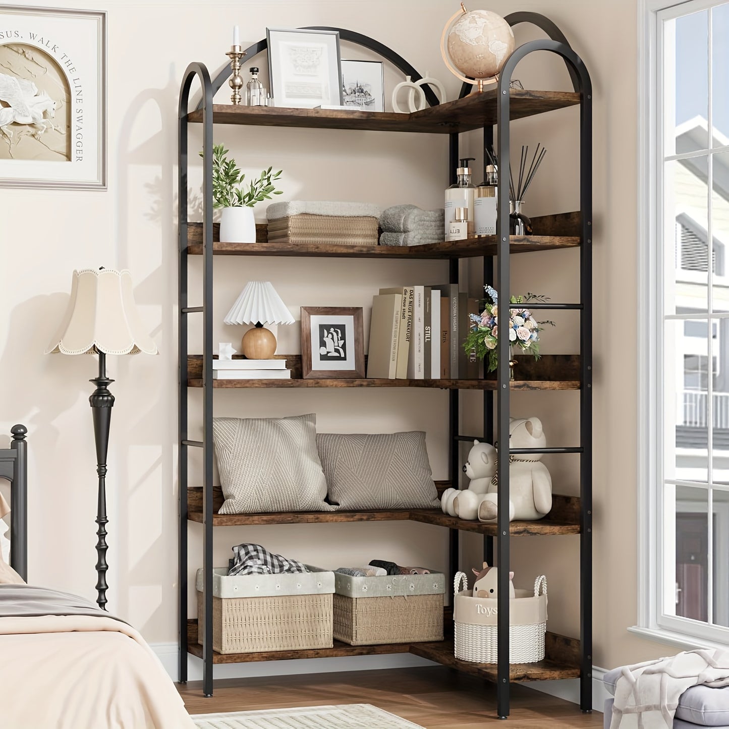 Hoekboekenkast – Hoekrek – Boekenplank – Opbergkast – Boekenkast – 173,99 cm Hoog – Verstelbare Planken – Stalen Frame – Industrieel Design – Zwart