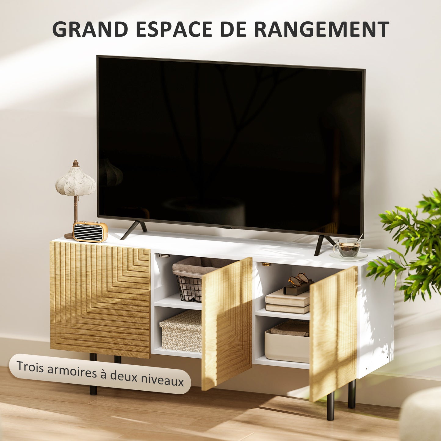 HOMCOM TV Stand Wooden TV Cabinet for Tvs Up to 65 Inches with Cane-Door Cabinets And Cable Pass-Through for Living Room Bedroom, Natural Wood Effect