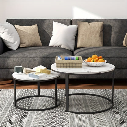 Salontafel – Bijzettafel – Woonkamertafel – Koffietafel – Tafel – Set van 2 Ronde Salontafels – Wit Marmerlook – Hoog Draagvermogen 80 kg & 50 kg – Space Saver