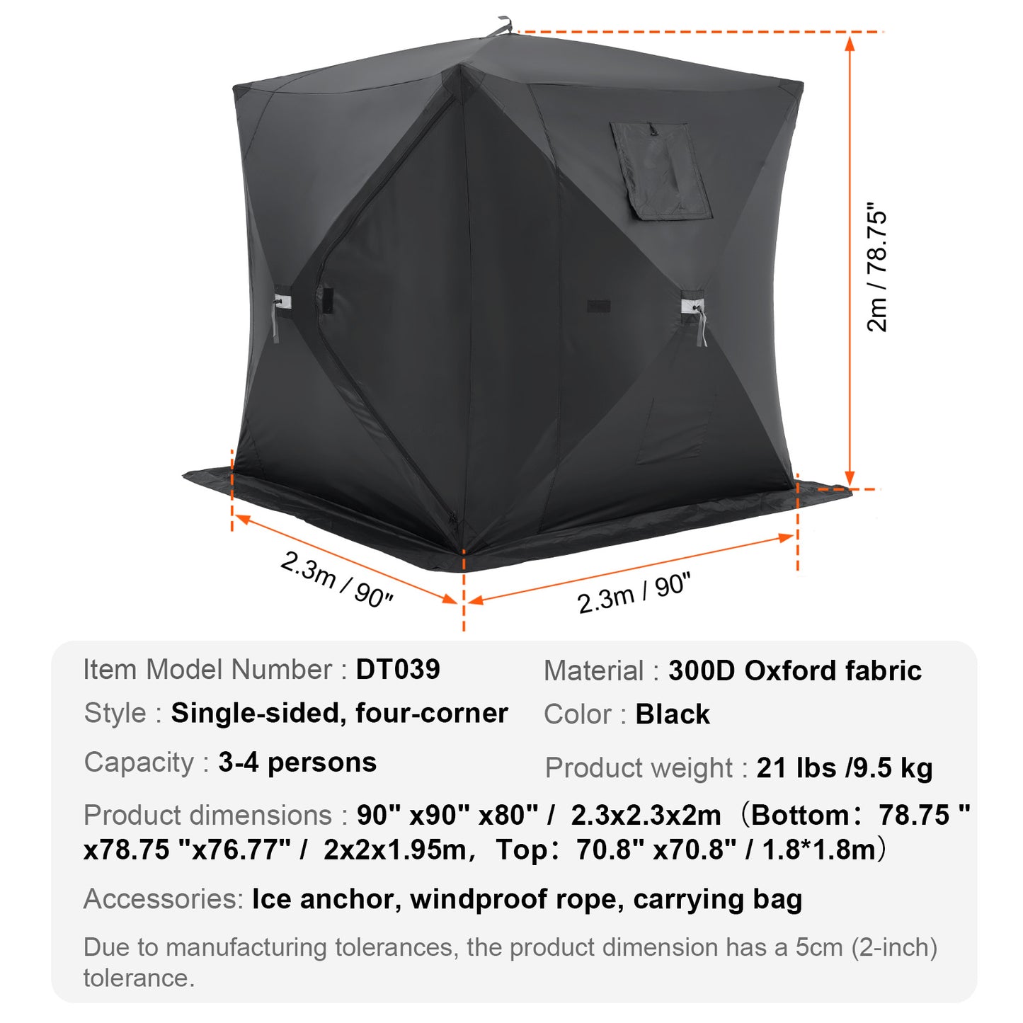 Ijsvissentent – IJsvisstekker – Ijsvishut – Visserstent – Pop-up Tent – 180x180x200 cm – 600D Oxford Polyester met Isolatie