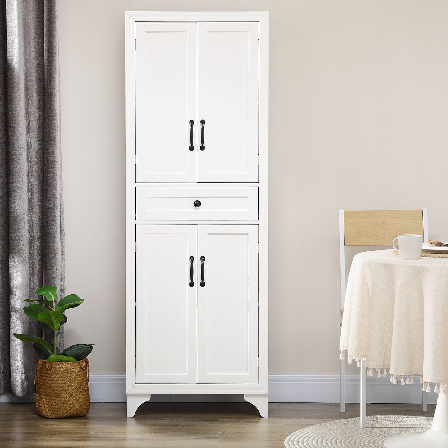 High Buffet Keukenkast – Keukenkastje – Buffettafel – Opbergkast – Dressoir – Hoog 170 cm – Met 4 Deuren en 1 Lade – Verstelbare Plank – Wit