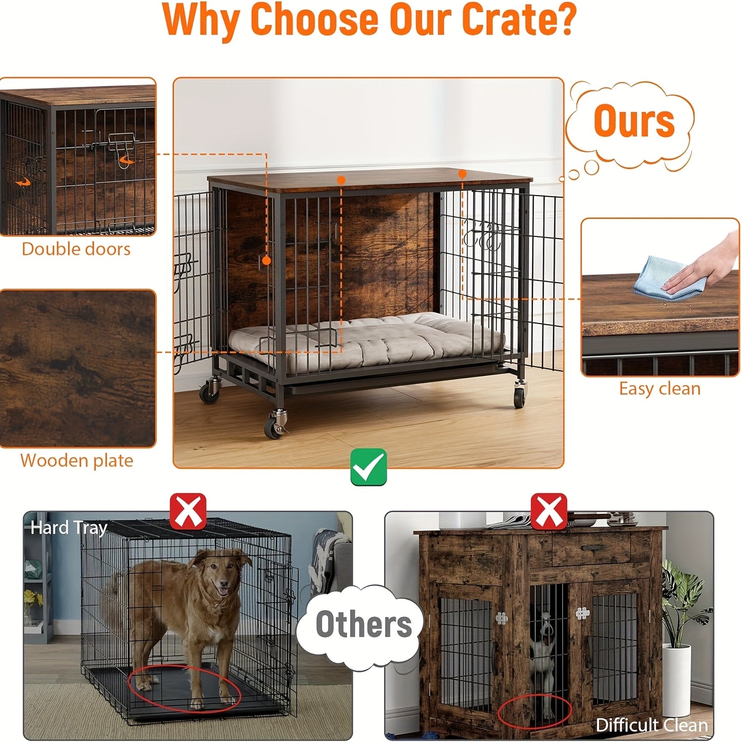 Hondenbench – Hondenkennel – Hondenkooi – Hondenkooi Binnen – Hondenhok – Groot formaat – IJzeren constructie – Dubbele deuren – Verrijdbaar met 4 wielen – Afneembare tray – Bruin meubeldesign