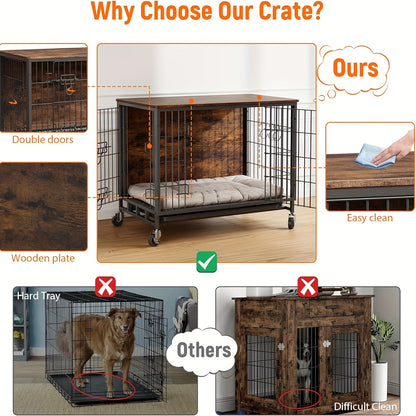 Hondenbench – Hondenkennel – Hondenkooi – Hondenkooi Binnen – Hondenhok – Groot formaat – IJzeren constructie – Dubbele deuren – Verrijdbaar met 4 wielen – Afneembare tray – Bruin meubeldesign