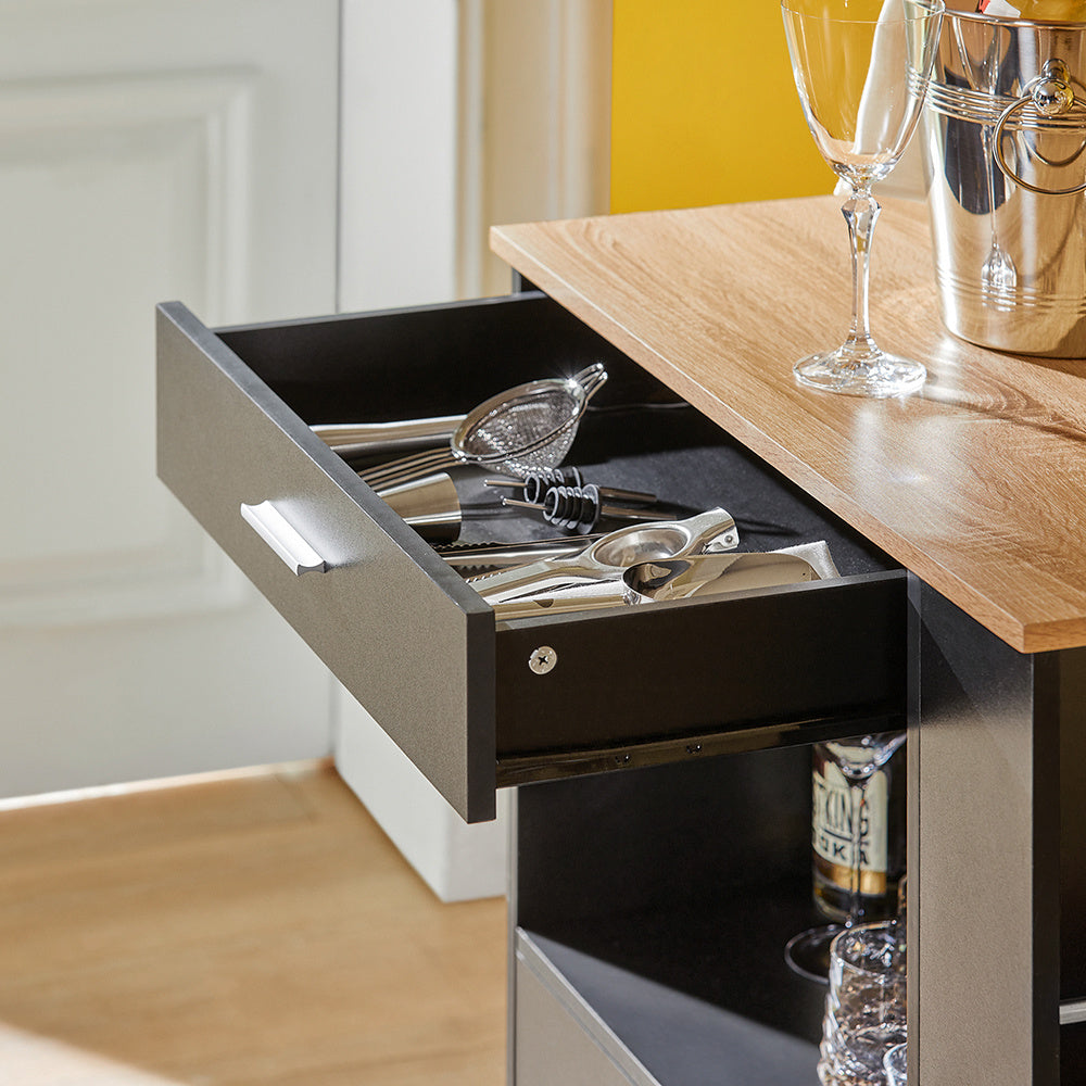 Keukentrolley – Keukenwagen – Serveerwagen – Keukenrek – Opbergkar – Met Lade en Deuren – MDF Zwart – 75x46x83 cm – Verrijdbaar met Remmen