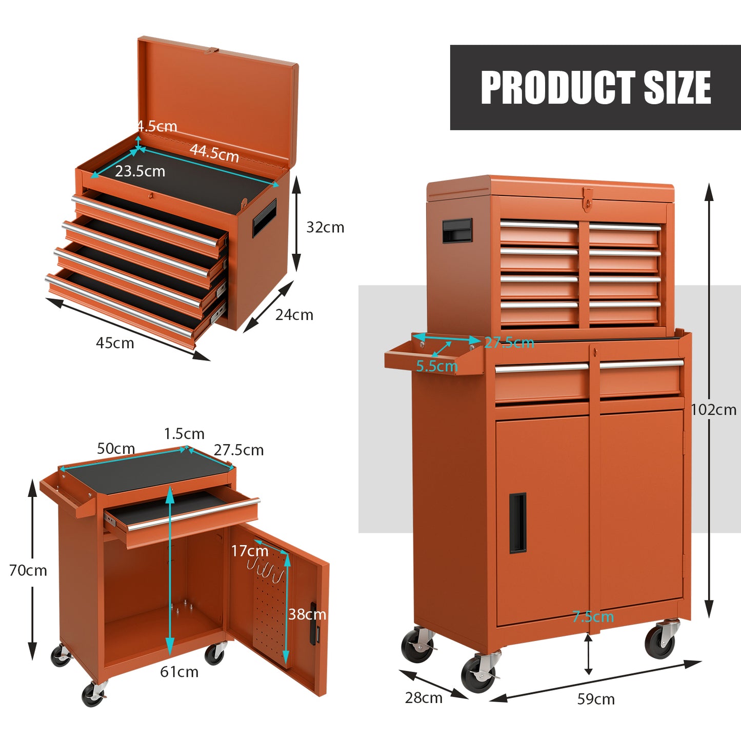 Werkstatttrolley – Gereedschapswagen – Toolcart – Werkbankwagen – Opbergtrolley – Oranje Kleur – Verwijderbare Gereedschapskist – 6 Laden Met Verstelbare Plank