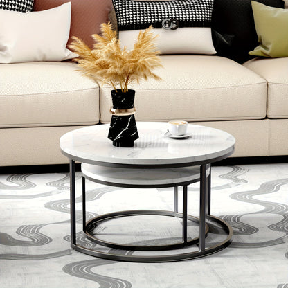 Salontafel – Salontafels – Bijzettafel – Koffietafel – Nachtkastje – Set van 2 Ronde Tafels – Marmeren Blad – Metalen Frame – Nestbaar – Ruimtebesparend – Modern Design