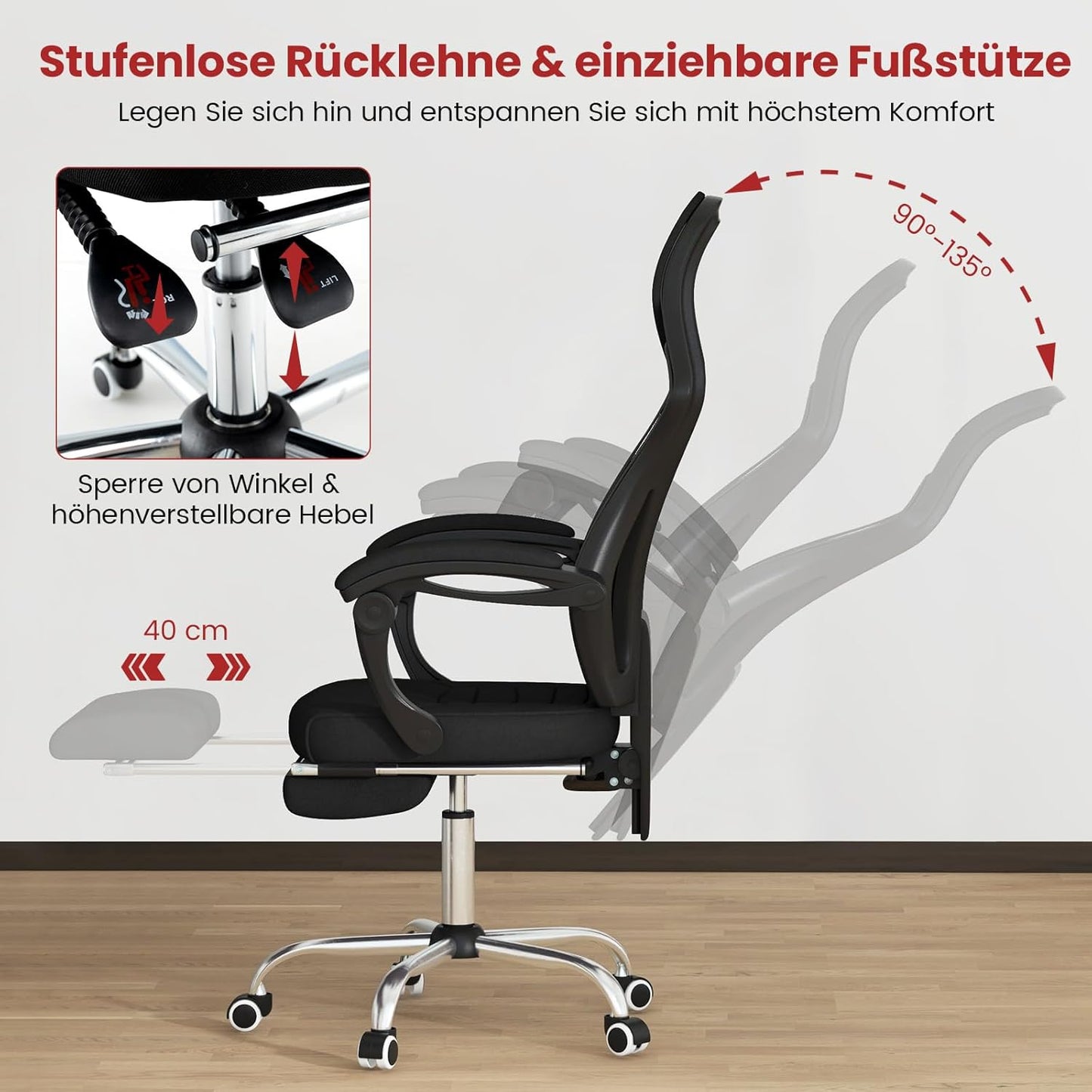 Ergonomische Bureaustoel – Bureaustoel Kantoorstoel Werkstoel Computestoel – Verstelbare Rugleuning – Uittrekbare Voetensteun – In hoogte Verstelbare Hoofdsteun – Mesh Stof – Zwart