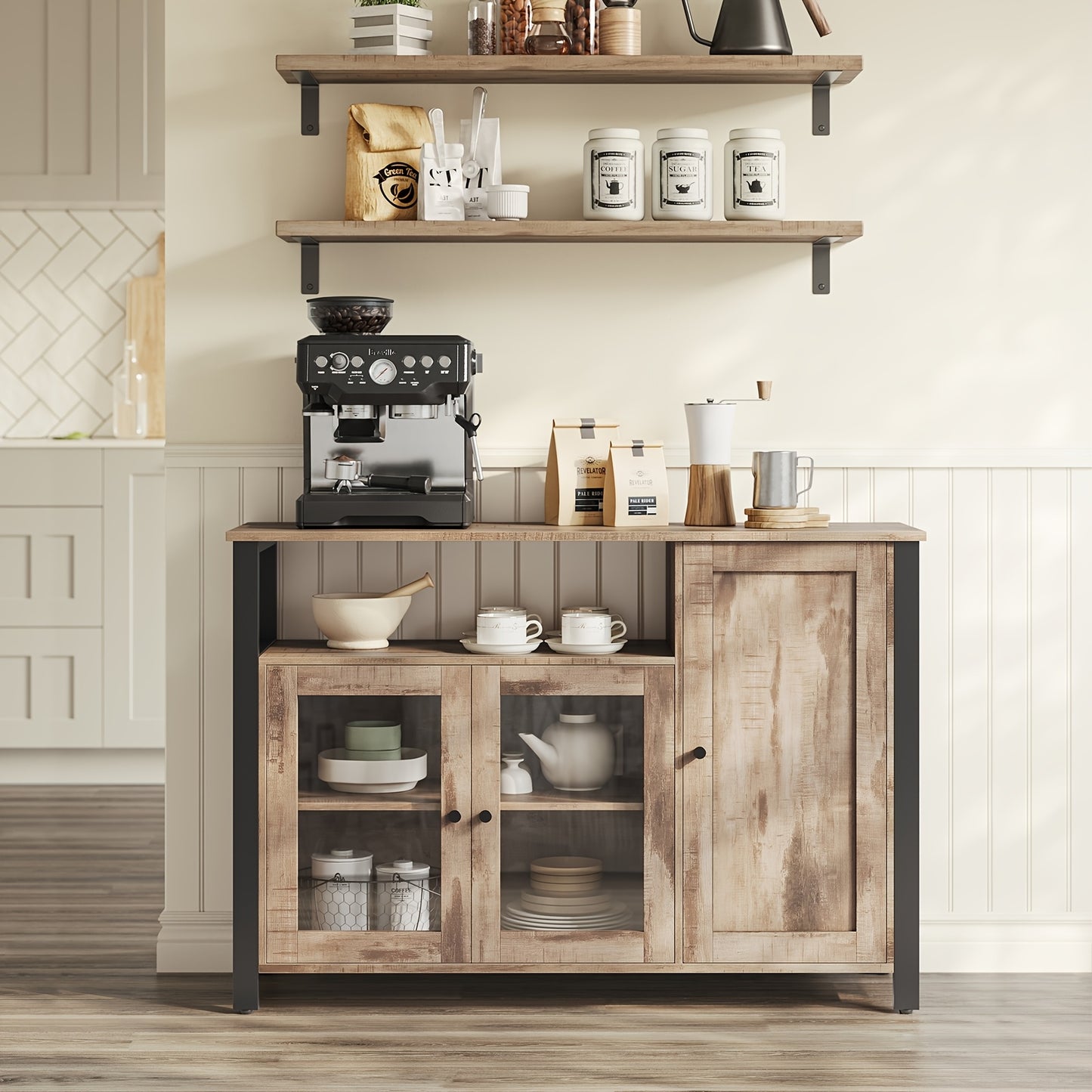 3-Door Industrial Style Buffet Table & Sideboard - 33 x 110 x 75cm, Hardwood Finish, Modern Minimalist Design for Dining Room, Living Room, Kitchen, Buffet Table for Dining Room, Kitchen Storage, Sleek Wooden Texture