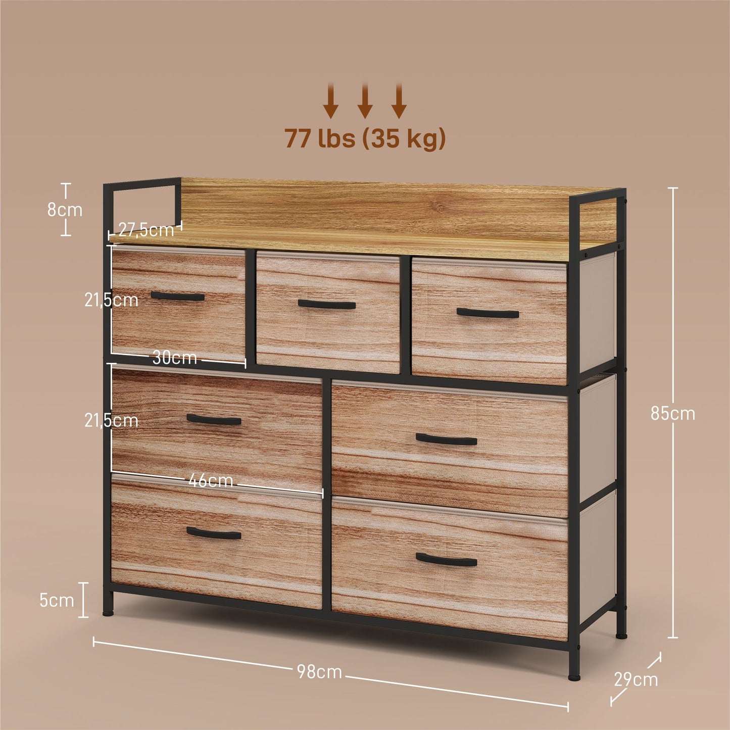 Opbergkast – Opbergmeubel – Kledingkast – Ladenkast – Stoffen lades – Zwart metalen frame – 7 inklapbare stoffen lades – Afm. 98x29x85 cm – Natuurlijke kleuren – Verstelbare poten