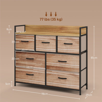 Opbergkast – Opbergmeubel – Kledingkast – Ladenkast – Stoffen lades – Zwart metalen frame – 7 inklapbare stoffen lades – Afm. 98x29x85 cm – Natuurlijke kleuren – Verstelbare poten