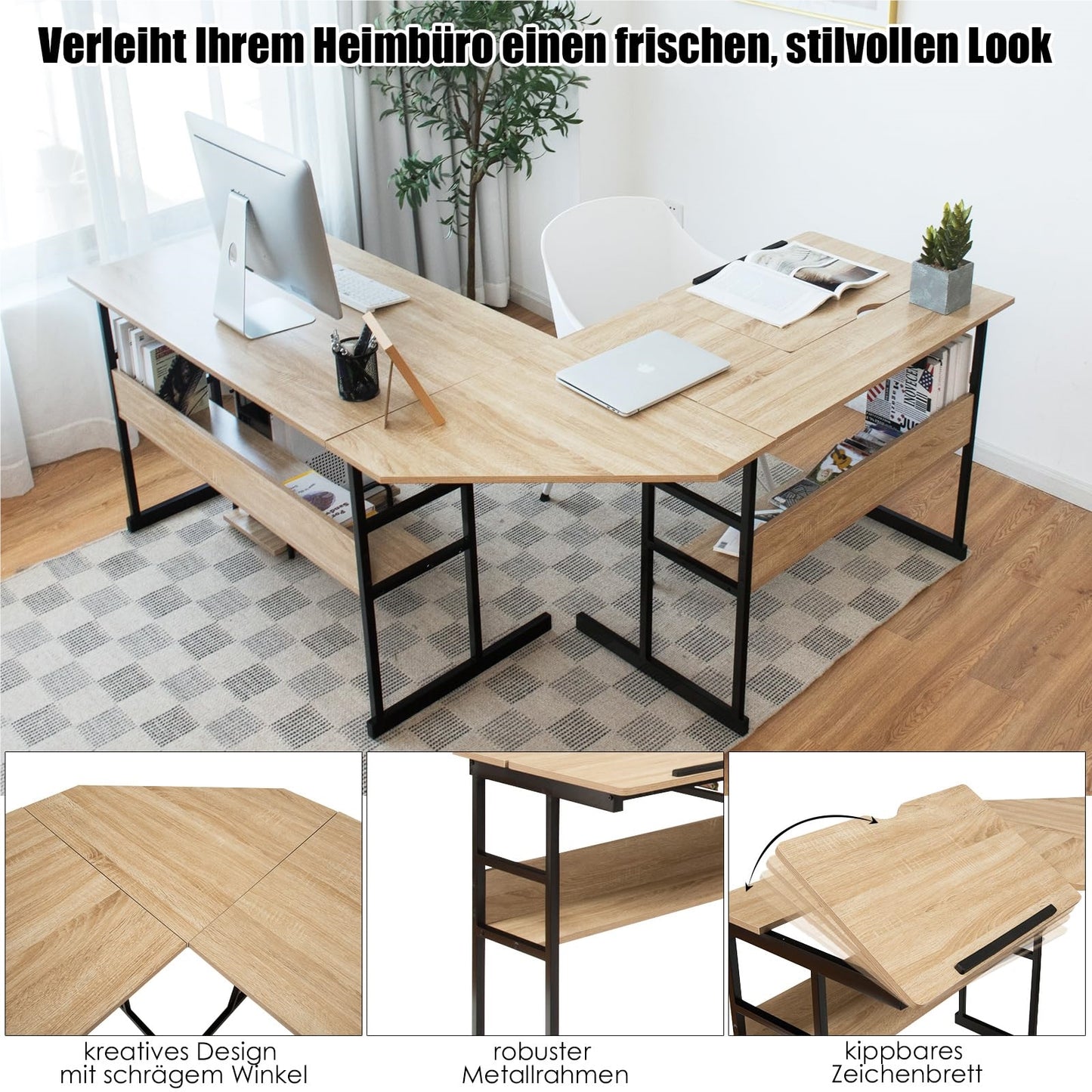 L-Shape Bureau – Hoekbureau – Computertafel – Werkplek – Thuiswerkplek – Houten Tafel Met Verstelbaar Schuin Blad – 170x150x75 Cm Naturel