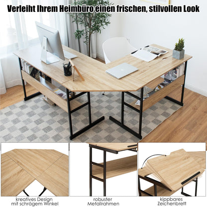 L-Shape Bureau – Hoekbureau – Computertafel – Werkplek – Thuiswerkplek – Houten Tafel Met Verstelbaar Schuin Blad – 170x150x75 Cm Naturel