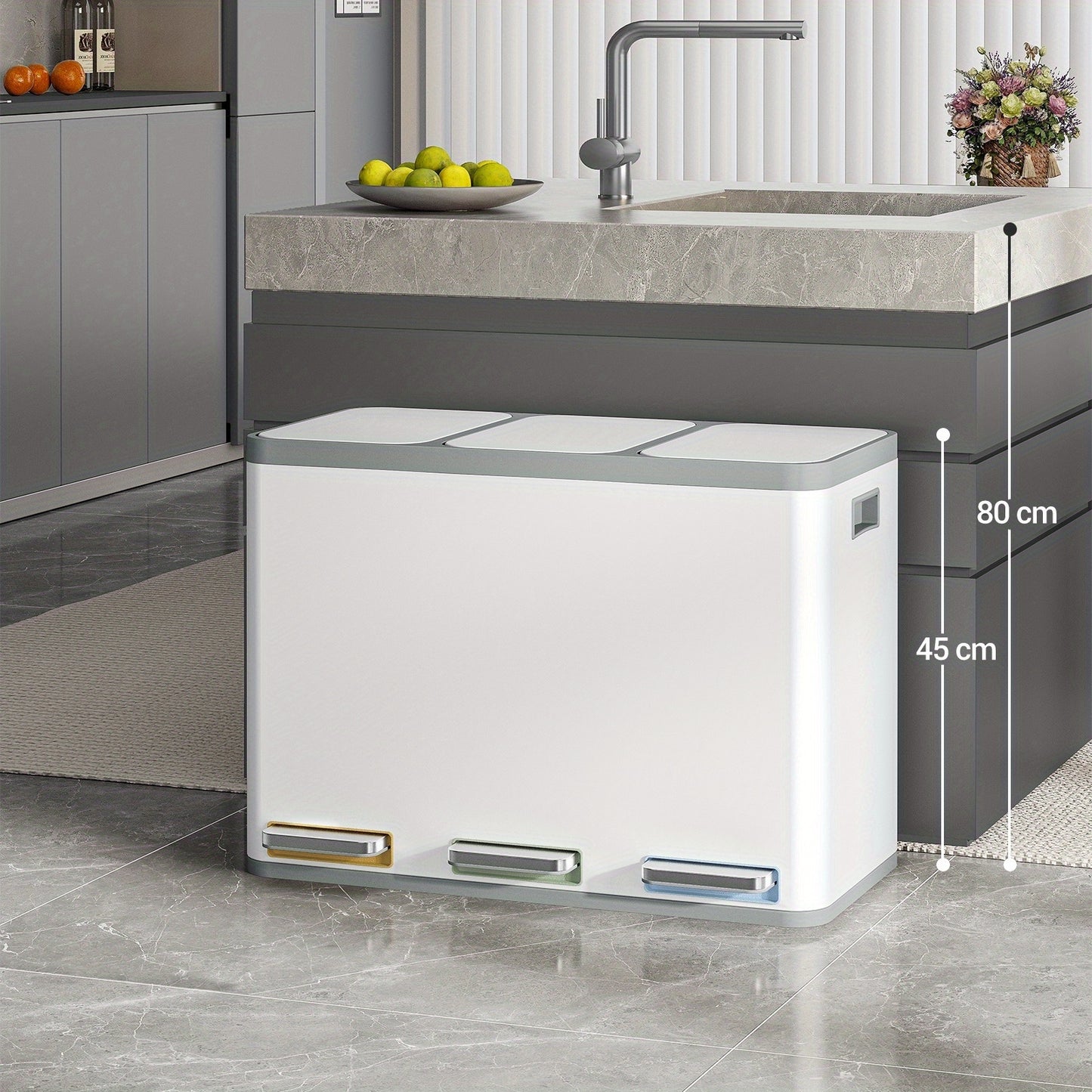 Keukenafvalbak – Afvalscheidingssysteem – Vuilnisbak – Pedal Bin – RVS Afvalemmer – 45L (3x15L) – Soft-Close Demping – Kleurgecodeerde Voetpedalen – Wit