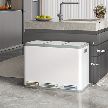 Keukenafvalbak – Afvalscheidingssysteem – Vuilnisbak – Pedal Bin – RVS Afvalemmer – 45L (3x15L) – Soft-Close Demping – Kleurgecodeerde Voetpedalen – Wit