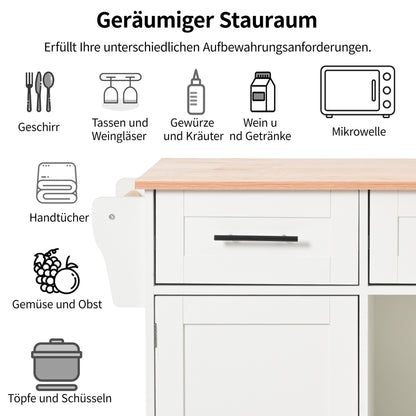 Keukentrolley – Keukenwagen – Serveertrolley – Werkbank – Opbergmeubel – Uitklapbaar Werkblad – Houtlook Afwerking – Met Laden en Verstelbare Planken – Mobiel of Vaste Poten – Wit