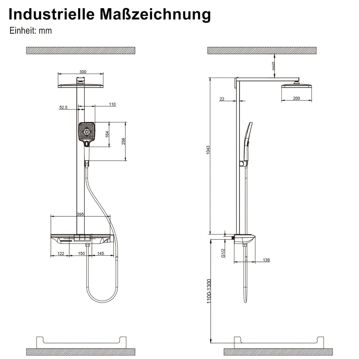Douchekraan – Doucheset – Douchemengkraan – Thermostaatkraan – Handdouche – Matte Zwarte Afwerking – Thermostaat Met Glazen Plank – 3 Spraystanden Handdouche