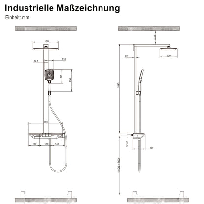 Douchekraan – Doucheset – Douchemengkraan – Thermostaatkraan – Handdouche – Matte Zwarte Afwerking – Thermostaat Met Glazen Plank – 3 Spraystanden Handdouche