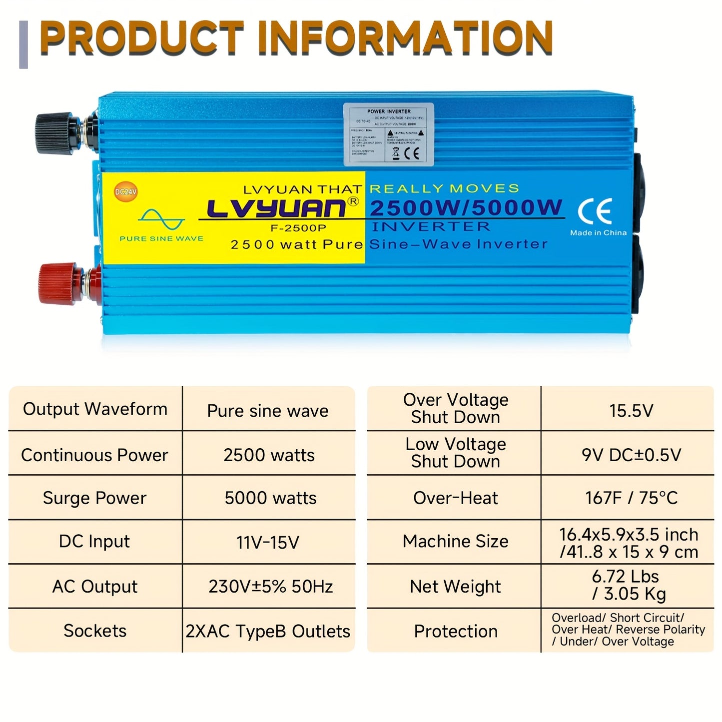 Spanningsomvormer – Omvormer – Inverter – Stroomomzetter – Converter – 12V naar 220V – Pure Sinusgolf – 2500W Continu Vermogen – 2 AC Stopcontacten met LCD Display
