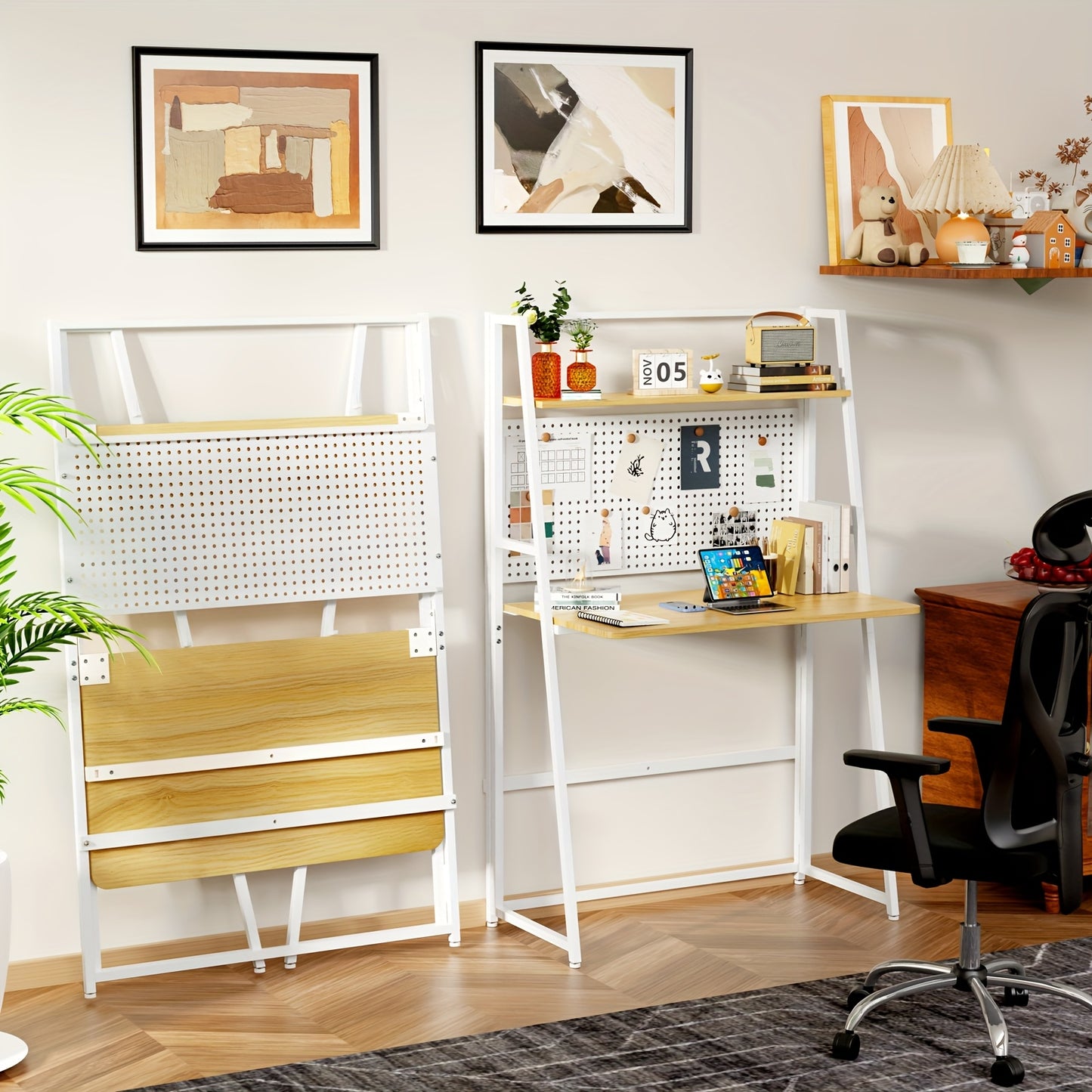 No Assembly Oak Desk with White Metal Frame & Storage Shelf - European Modern Multi-Purpose Office Desk, Natural & Metal Design, 86x40x138cm, Space-Saving for Home Office, Study, Crafting, Desk Accessories Office, Craft Desk,