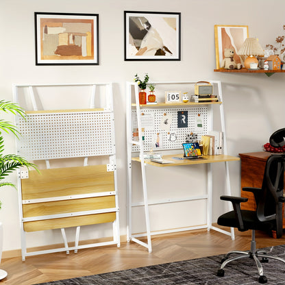 No Assembly Oak Desk with White Metal Frame & Storage Shelf - European Modern Multi-Purpose Office Desk, Natural & Metal Design, 86x40x138cm, Space-Saving for Home Office, Study, Crafting, Desk Accessories Office, Craft Desk,